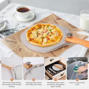 Ensemble de pelle à pizza en aluminium avec spatule professionnelle, manche en <span class=keywords><strong>bois</strong></span> pliable et coupe-pizza à bascule - Compatible avec les fours - Product Image 2
