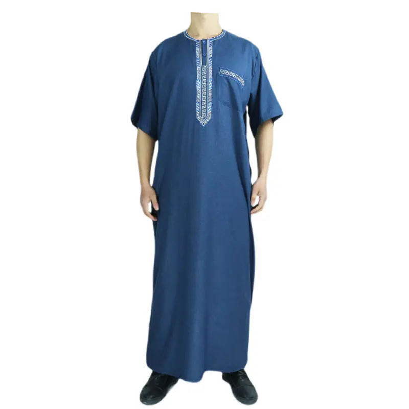 新しいデザイン6色ラウンドネックイスラム教徒の紳士服アラブドバイ半袖ローブアバヤボタン付き