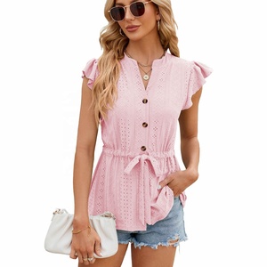 <span class=keywords><strong>T</strong></span>-<span class=keywords><strong>shirt</strong></span> ample à boutons et lacets en dentelle de couleur unie pour femmes, filles, printemps et é<span class=keywords><strong>t</strong></span>é 2025 - Product Image 4