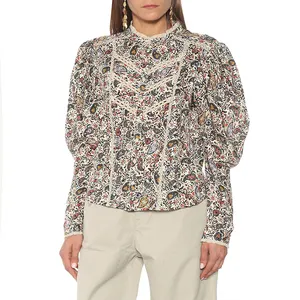 OEM Service Office Lady Floral Print Elegant Shirt Blouse Women Long Sleeve Collar Button Blouse Tops