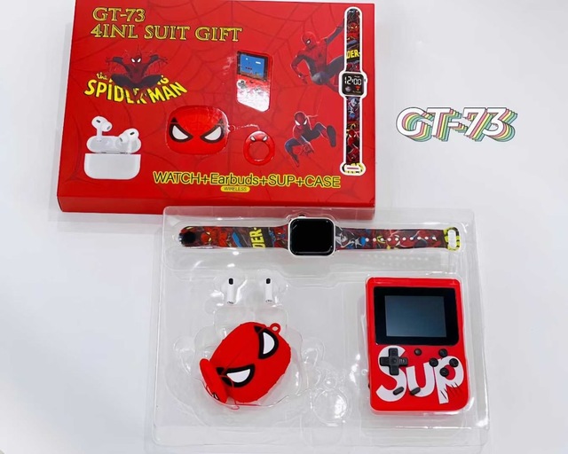 Spider - Man Themed 4 - in - 1 Kids Gift Set: Smart Watch + Wireless Earbuds + Retro Game Console + Case