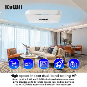 Alta potencia KuWFi banda dual 2,4G 5,8G 3000Mbps WiFi techo 2,5G WAN puerto blanco techo AP interior WiFi Punto de Acceso para