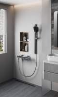 Ensemble de douche thermostatique moderne de haute qualité avec affichage LED, poignée en laiton brossé et douchette à effet pluie doux