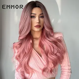Tuhuan Cosplay Wigs Long Pink With Bangs 26Inch Long Wavy Ombre Pink Heat Resistant Synthetic Wigs For Daily Party