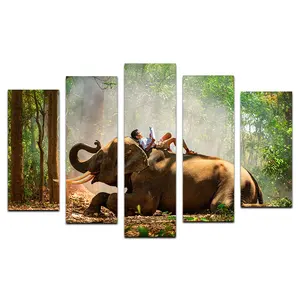 Toile imprimée avec éléphant fendu, 5 pièces, peinture murale
