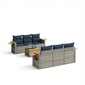 Set Divano da Esterno in Polyrattan Grigio con Cuscini, Arredamento da Giardino 7 Pezzi Modello D0100X3M44P - Product Image 1