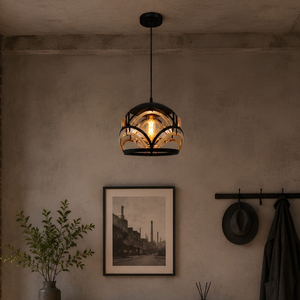 Luminaire suspendu en verre ambré avec cordon en jute noir mat de qualité industrielle Savanna - Product Image 1