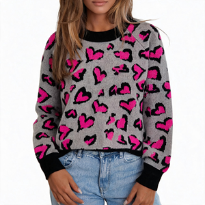 Suéter Corto de Punto con Cuello Redondo y Estampado de Corazones de Leopardo para Mujer, Estilo Y2K, Color Rosa, con Ribete en Contraste - Product Image 1