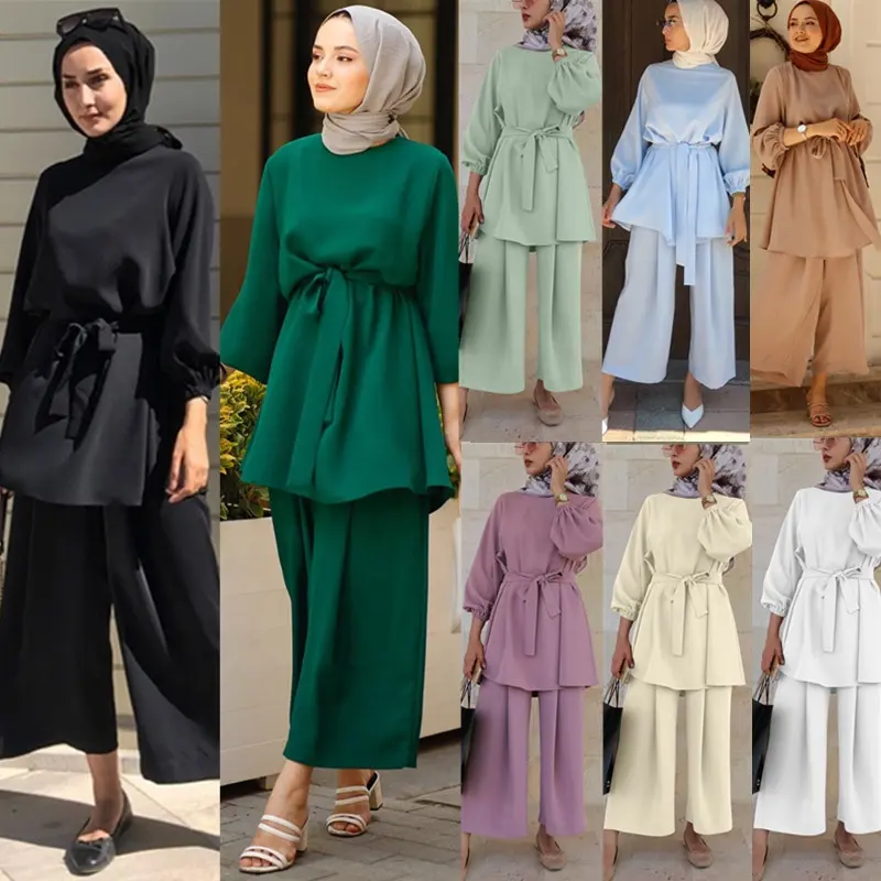 Wholesale EID two-piece muslim sets abaya Turkey hijab dress islamic clothing 2 piece set for women