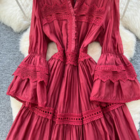 Robe longue décontractée pour femme, élégante, avec empiècements en dentelle, coupe trapèze, col montant, manches évasées, style vintage, pour le quotidien et les vacances
