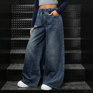 <span class=keywords><strong>Jean</strong></span> ample bleu à jambe large pour adolescentes – Tendance du moment, taille élastique, en denim, avec poches avant et arrière, pour un usage quotidien décontracté - Product Image 1