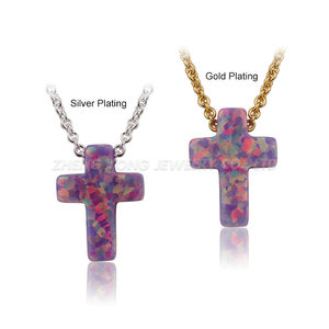 Beliebte 925 Silber Sterling Unisex Kette plattiert Gold synthetischen Opal Schmuck Kreuz blau weiß Charms Kreuz Halskette - Product Image 4