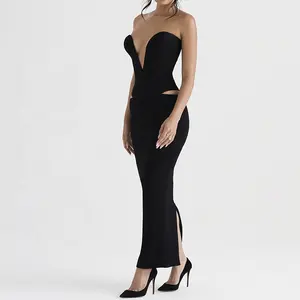 Women Fashion Clothing Designers Factory Sexy Bodycon Evening Party Skirt Oem Custom Black Cutout Maxi Skirt