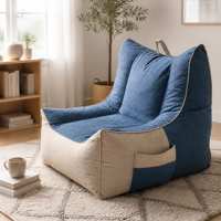 Fauteuil pouf moderne inclinable en mousse patchwork bleu beige avec poche latérale et poignée supérieure en tissu lin, canapé paresseux pour salon et chambre