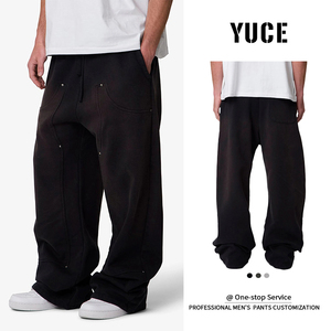 Pantalon de jogging YUCE personnalisé, coupe droite, style vintage délavé, jambe large, coupe oversize, double genouillère, en molleton épais - Product Image 3