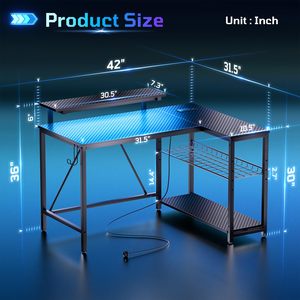 Bureau d'ordinateur en métal en forme de L SENYU avec éclairage LED et étagères de rangement, table de travail multifonctionnelle - Product Image 3