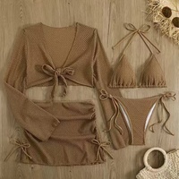 Set Bikini 4 Potong Warna Solid Model Segitiga Brasil untuk Wanita, Atasan Crop Lengan Panjang & Rok Jaring Penutup Pinggang