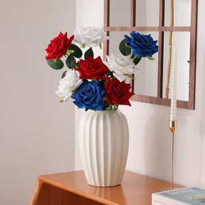 Red <b>White</b> Blue <b>Artificial</b> Flowers Fake Velvet <b>Roses</b> for Independence Day Memorial Day Floral Arrangement Table Centerpieces - Product Image 6