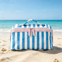 Vente en gros de trousse de maquillage pour femmes, imperméable, tendance, personnalisée, en PVC rayé, grande capacité, sac cosmétique de voyage avec fermeture éclair