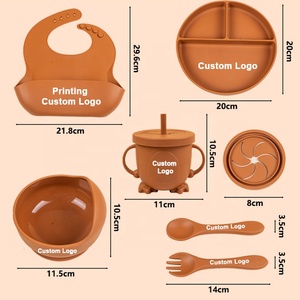 Juego de alimentación de silicona para bebés con logotipo personalizado del fabricante, plato con ventosa, cuchara, tenedor, babero, taza, libre de BPA, vajilla de silicona para niños. - Product Image 2