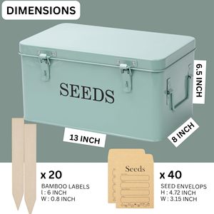 Grande boîte de rangement pour graines en métal rectangulaire vert moderne avec 4 compartiments, 40 enveloppes et 20 étiquettes pour plantes en bambou - Product Image 3