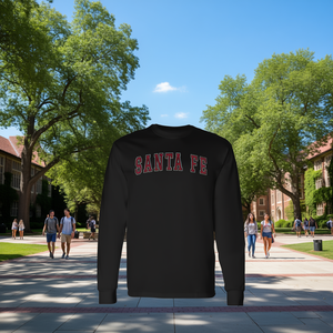 T-shirt a maniche lunghe Santa Fe con testo rosso, abbigliamento sportivo in stile college - Product Image 3