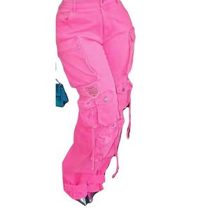 Jeans <span class=keywords><strong>Streetwear</strong></span> pour femmes Jeans cargo en denim délavé Jeans pour femmes taille haute Pantalon cargo pour femmes Pantalon cargo à 6 poches - Product Image 6