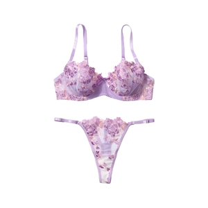 Conjunto de Lencería Bordado con Flores Moradas, Malla Transparente, Brasier Sexy y Tanga, Conjunto de 2 Piezas, Ropa Interior Femenina, Ropa de Dormir - Product Image 4