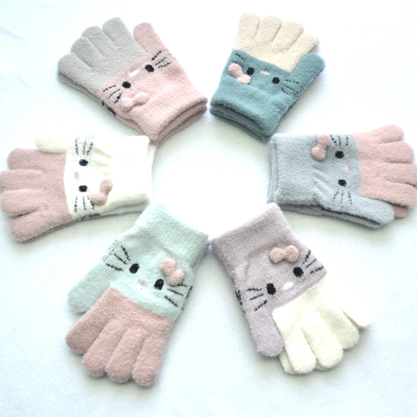 Оптовая продажа От 5 до 11 лет ученики начальной школы зимние Холодостойкие теплые вязаные перчатки с изображением кота из норковой шерсти, перчатки для девочек