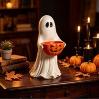 Statue en résine peinte à la main, motif citrouille fantôme d'Halloween, servant de bol à bonbons, d'ornement de table, de support de rangement pour fêtes et de cadeau