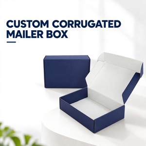Boîte d'expédition en carton ondulé recyclé haut de gamme, entièrement personnalisée avec logo imprimé en couleur, finition mate bleu foncé, gaufrage et revêtement UV, pour chaussettes et gants - Product Image 1