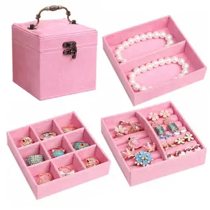 Pink Velvet 3 Layer Jewelry Box With Mirror Handle Lock Anti Scratch Gifts