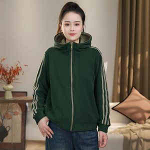 Women's Hooded Sweatshirt Jacket Green Zipper Long Sleeve Loose Fit Breathable Knitted Autumn Winter Wear - Product Image 1