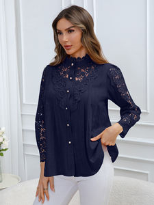 Camisa Casual de Encaje Bordado Sencillo para Mujer, Primavera/Verano 2026, Prenda Exterior de Manga Larga Tejida, En Stock - Product Image 3