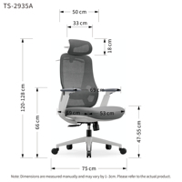 Chaise de bureau ergonomique à dossier haut inclinable en maille avec base en mousse, appui-tête amovible et accoudoirs flexibles réglables