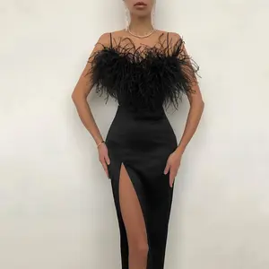 New Arrival Ladies Fashion Sexy Strapless Black Pink Feather Dress Party Luxury Plus Size Dress