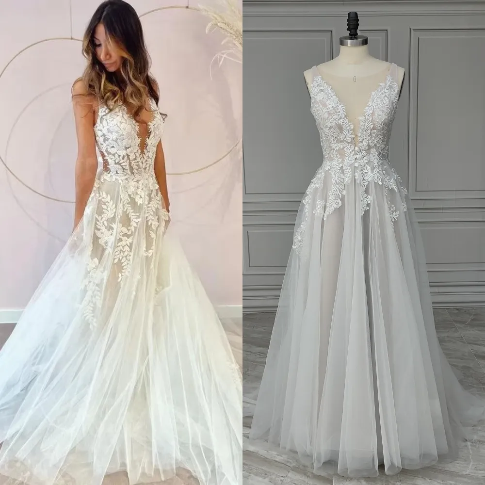 3300# Real Photos Summer V-neck Backless A-line Lace Wedding Dress For Women Bridal Gown With Sweep Train Custom Made