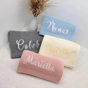 Cotton Knit Baby Blanket Embroidered Name Stroller Blanket Soft Breathable Cotton Knit Baby Blanket Shower Gift