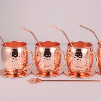 Mugs Moscow Mule en acier inoxydable plaqué cuivre multicolore martelé style antique avec logo personnalisé, 500 ml, lot de 4 avec sous-verres et pailles
