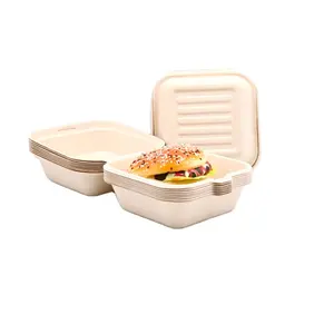 Contenedores de comida biodegradables para microondas, caja de bagazo para comida, sándwich de hamburguesa