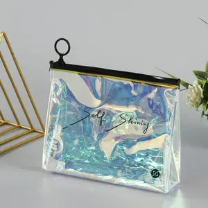 Custom logo hologram biodegradable plastic pvc transparent pouch cosmetic zipper bags