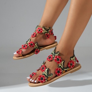 Sandalias Planas Boho para Mujer con Bordado, Adorno de Plumas de Pavo Real y Correa en el Tobillo, Zapatos de Playa para Verano - Product Image 6