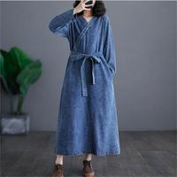Vente en gros OEM Robe trapèze décontractée été solide col V Maxi taille haute qualité coton Denim pour femmes manches longues avec poches ceintures