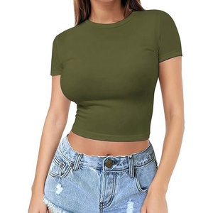 T-shirt pour femmes européennes et américaines, pull d'été, haut pour femmes, col rond fin, t-shirt tendance à manches courtes - Product Image 5