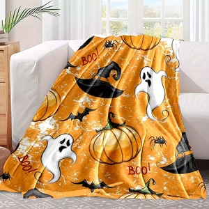 Halloween Theme Plush Throw Blanket Orange With Ghost Pumpkin <b>Witch</b> <b>Hat</b> Pattern Anti-Pilling Machine Washable Home Use - Product Image 5