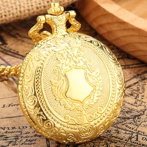 Royal Gold Shield Floral Engraved Metal Steampunk Pendant Chain Clock Quartz Pocket Watch for Men