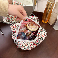 Sac à pinceaux de maquillage de grande capacité, léger, pliable, à fermeture éclair carrée, à motifs floraux, de haute qualité, blanc et bleu, brodé