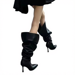 Bottes à talon haut pointues en cuir synthétique plissé, à large ouverture, fabriquées sur mesure par le fabricant - Product Image 2