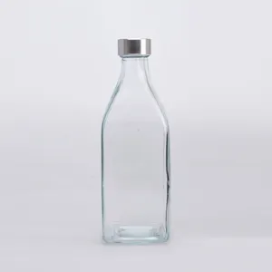 Groothandel Vierkante Glas Water Flessen Met Metalen Deksel Voor Restaurant Cafe Bar