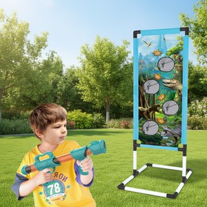 Jeu de tir de dinosaures avec 2 pistolets à balles éclatantes, 24 balles en mousse, cible de score sur pied, jeu sportif intérieur/extérieur pour enfants, cadeaux - Product Image 1